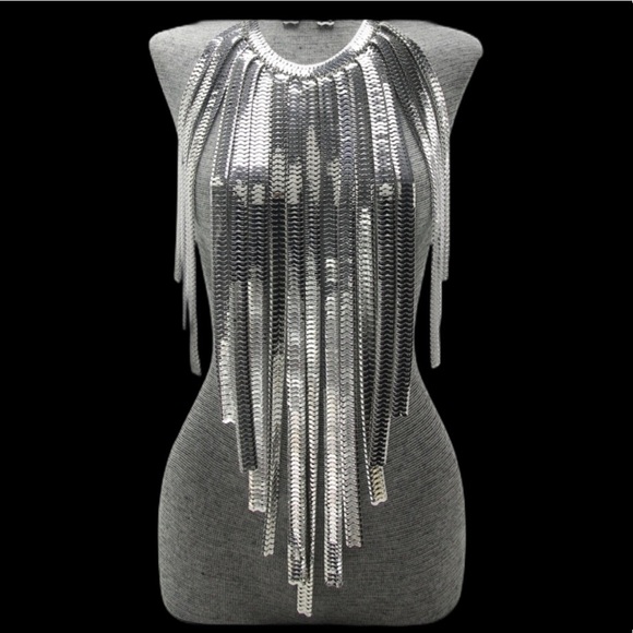 Silver Gold and Gunmetal Long Fringe Metal Statement Body Chain Necklace - Picture 5 of 6